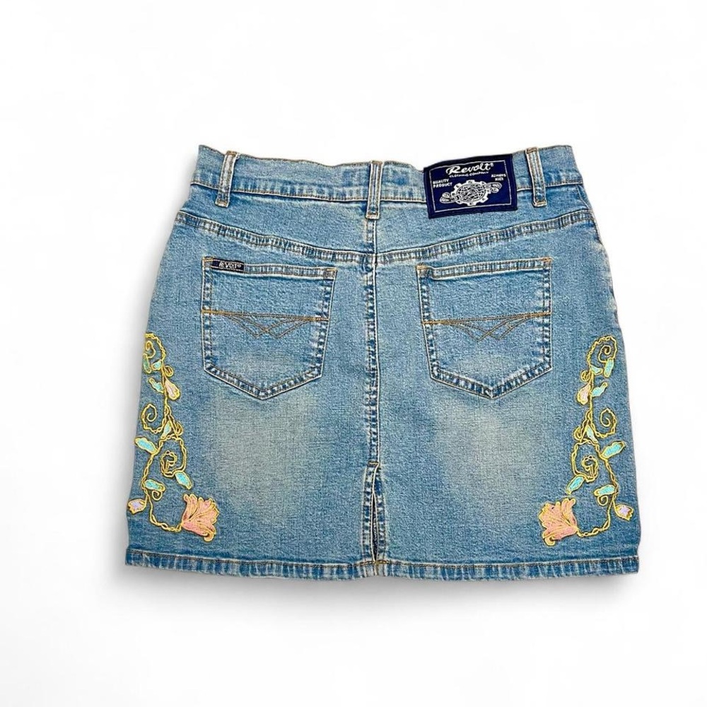 Revolt Jeans Blue Embroidered Denim Mini Skirt with Fringe Belt - Picture 4 of 8